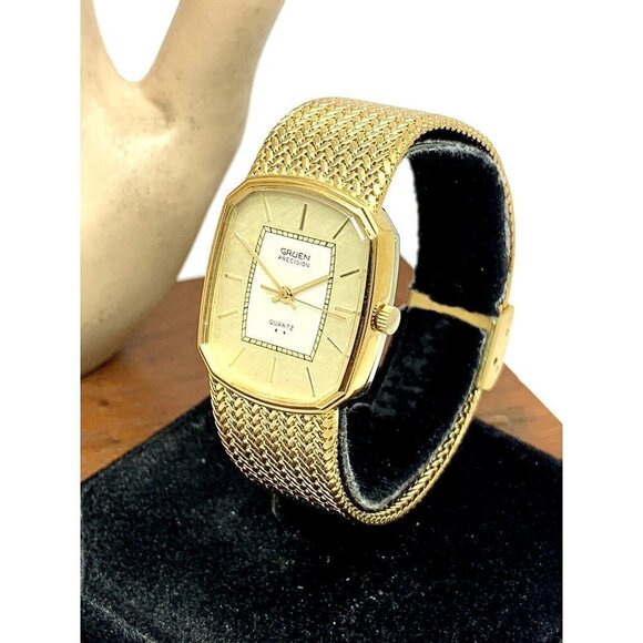 Gruen Unisex Watch 2 Star Quartz Gold Dial Rectangular Mesh Stainless St… - Picture 2 of 12